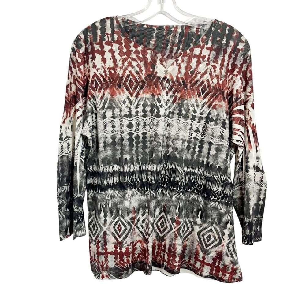 Jane Ashley Brown & Black Ikat Artsy Boho Print Rhinestone Top Tie-Dye Size XL